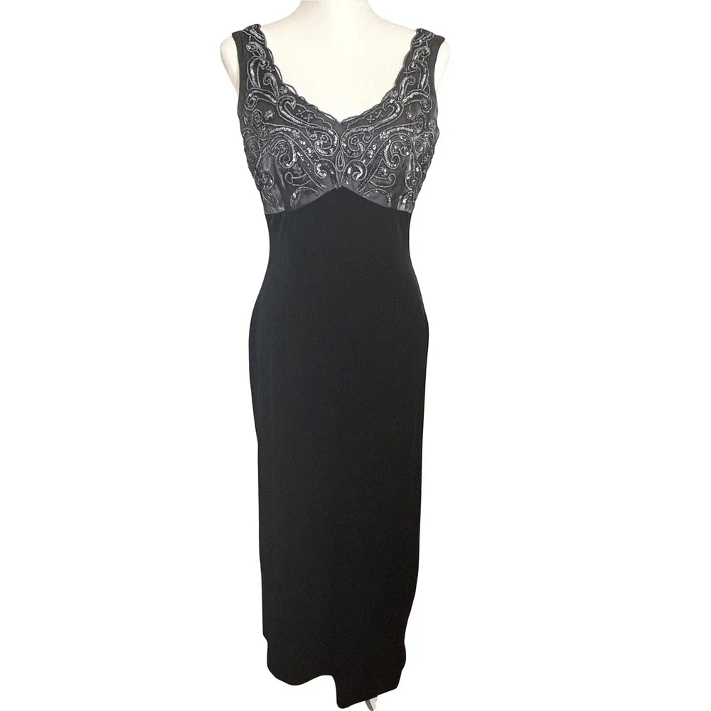 VTG Y2k‎ S/M Black Velvet Sequin Gown Maxi Goth Fairy Vamp Witchy Dark Romantic